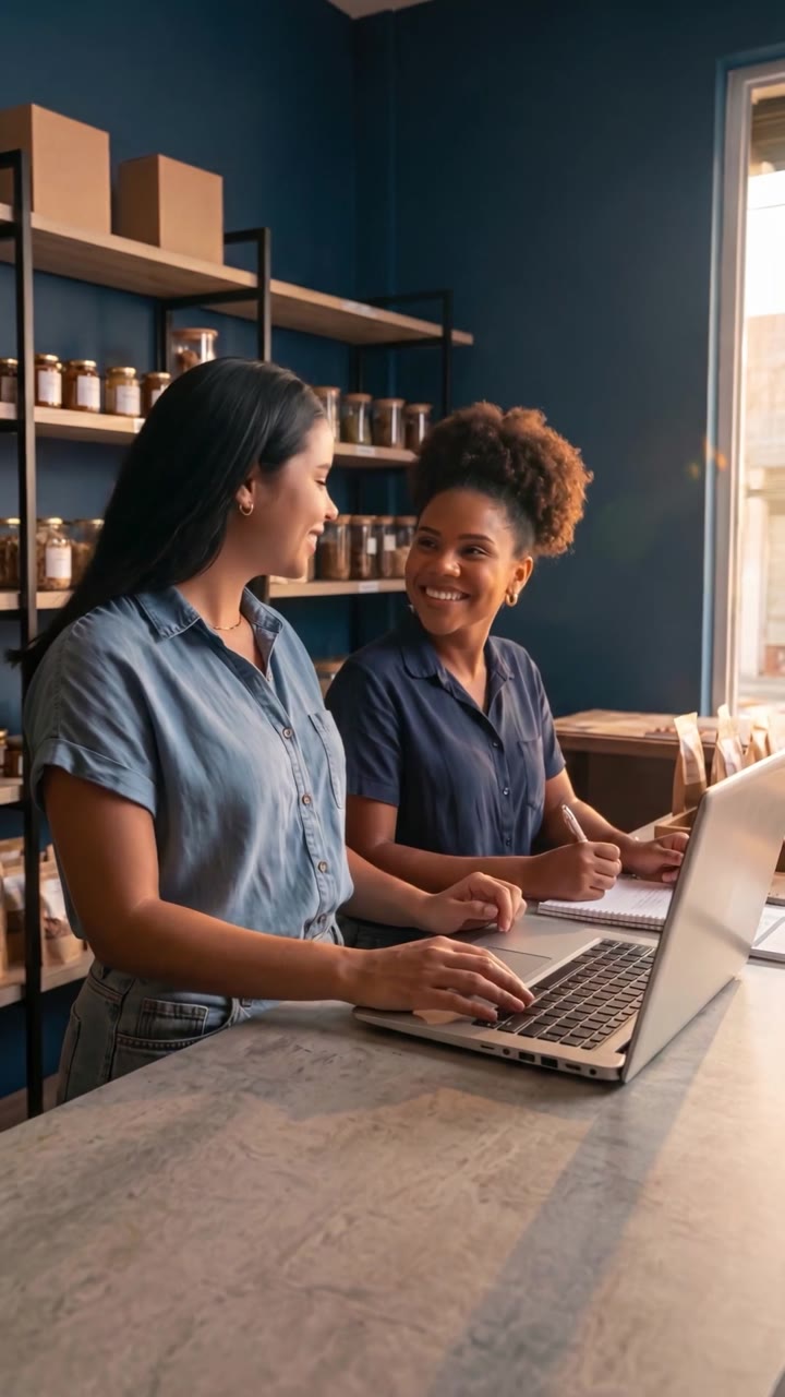 Duas mulheres trabalhando juntas em um comércio, em cena de Caixa — Casa própria e investimento.