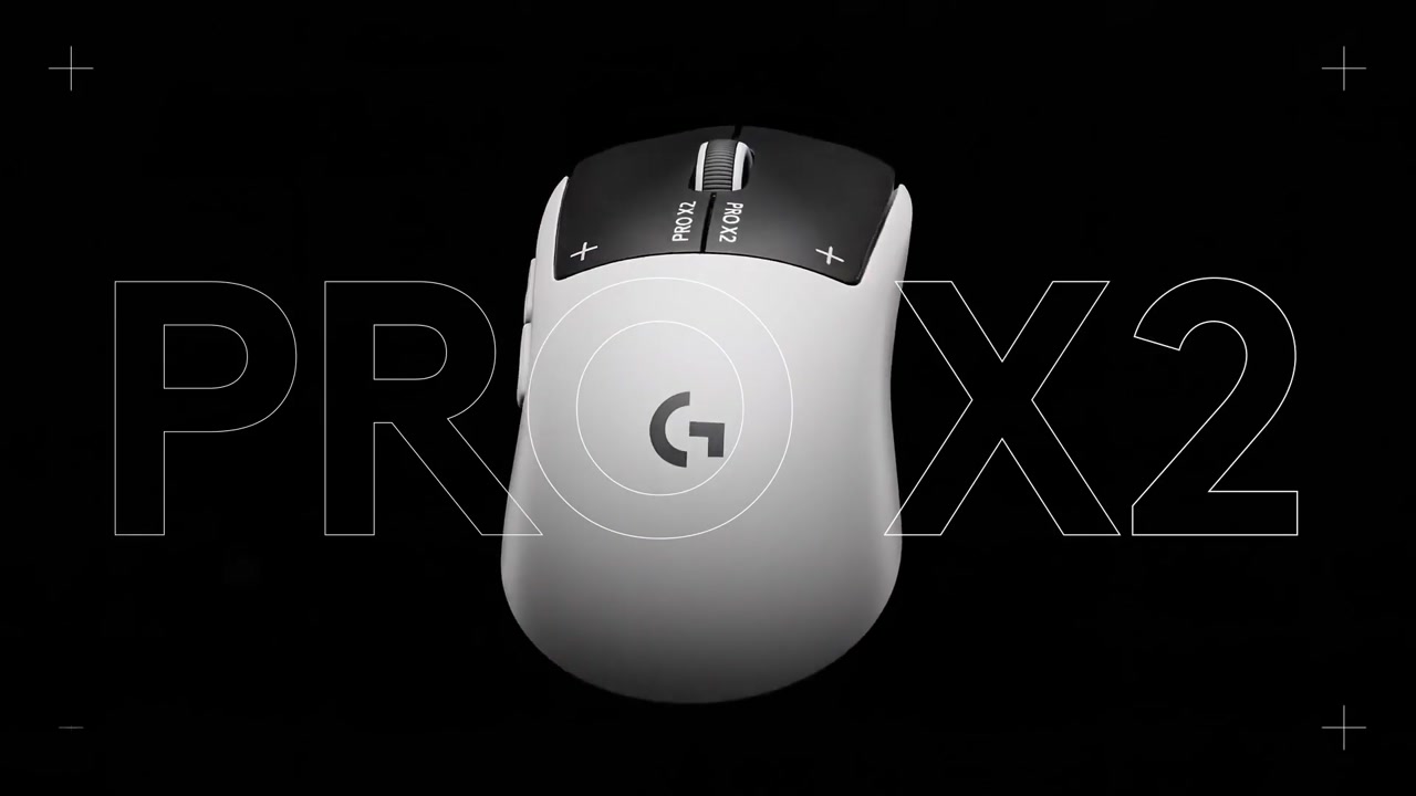 Mouse branco Logitech Pro X2 sobre fundo preto com o nome do produto em contorno.