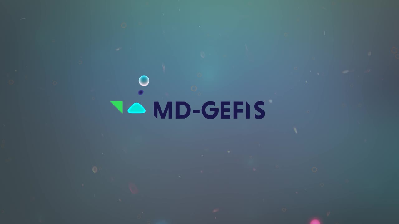 Marca MD-GEFIS ao centro, sobre fundo azul-acinzentado com partículas.